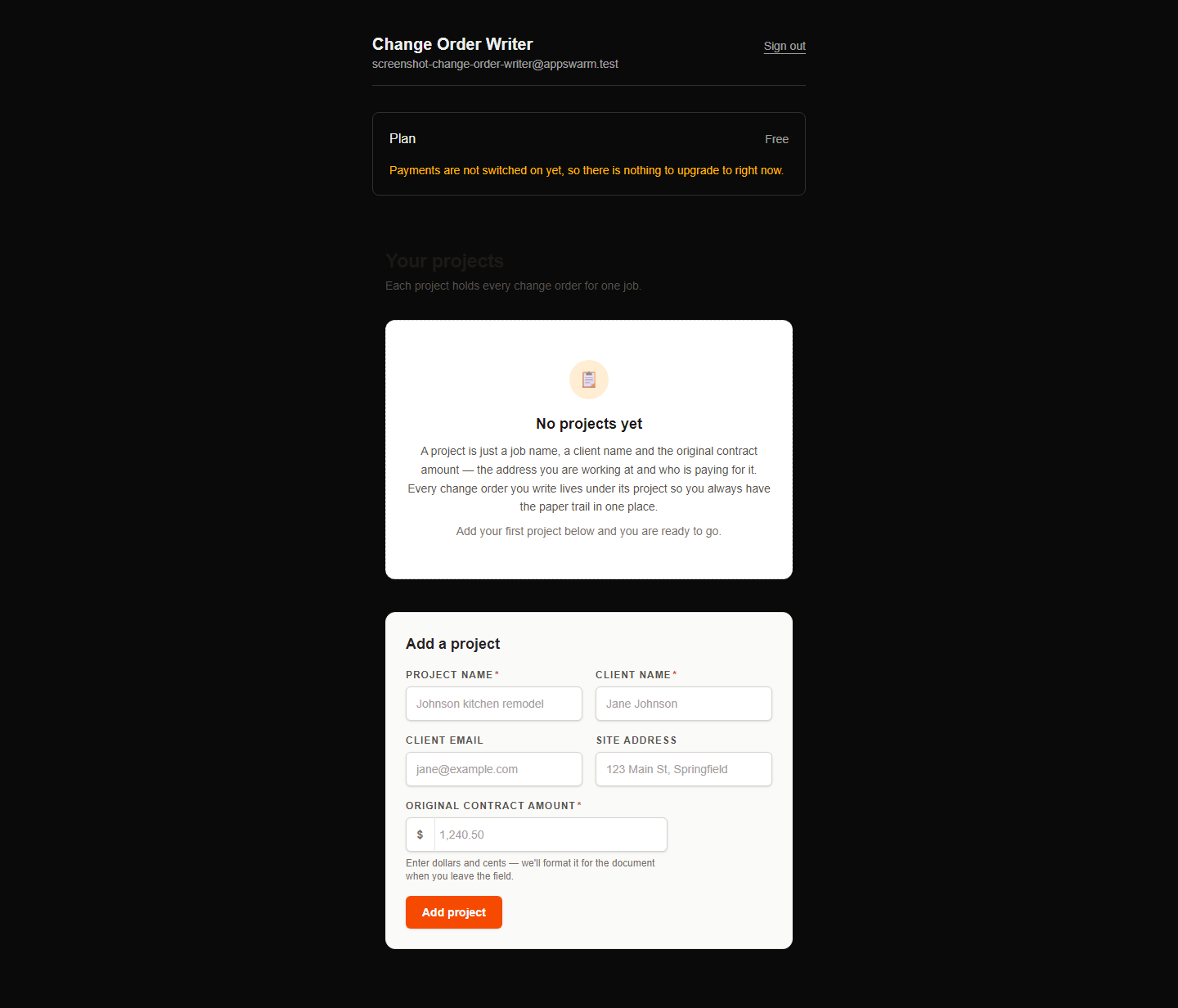 Change Order Writer in use